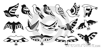 Bird abstract ornaments doodle stylized set linear modern trendy fowl glyph ethnic dove pigeon stamp Vector Illustration