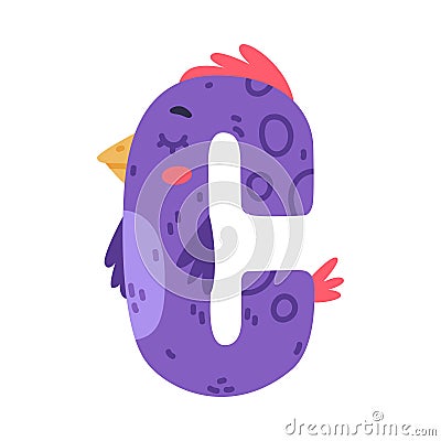 Bird alphabet C capital letter. Purple consonant letter with eyes, beak and wings cute cartoon vector illustration Vector Illustration