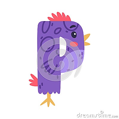 Bird alphabet P capital letter. Purple consonant letter with eyes, beak and wings cute cartoon vector illustration Vector Illustration