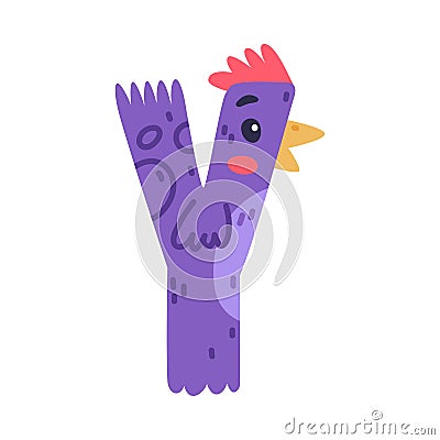 Bird alphabet Y capital letter. Purple vowel letter with eyes, beak and wings cute cartoon vector illustration Vector Illustration