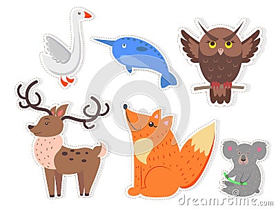 Cartoon Wild Fish, Bird and Animals Collection Vector Illustration
