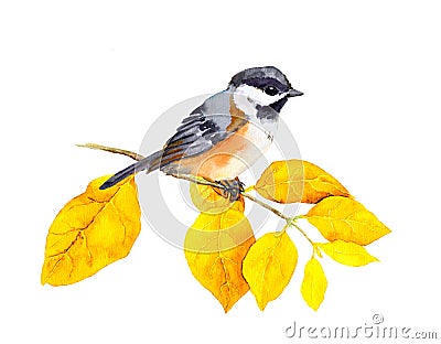 Bird at autumn branch with abstract yellow leaves. Watercolor Cartoon Illustration