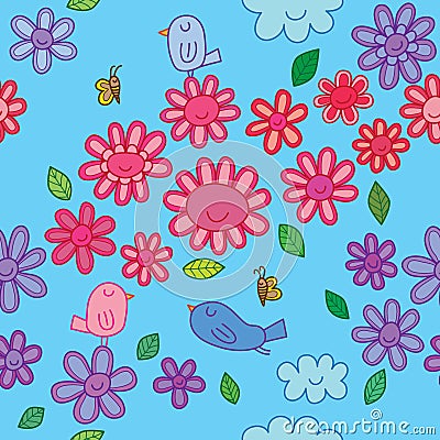 Bird bee flower leaf cloud diagonal seamless pattern Vector Illustration