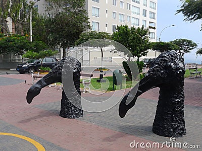 Bird black statues in Barranco district of Lima Editorial Stock Photo