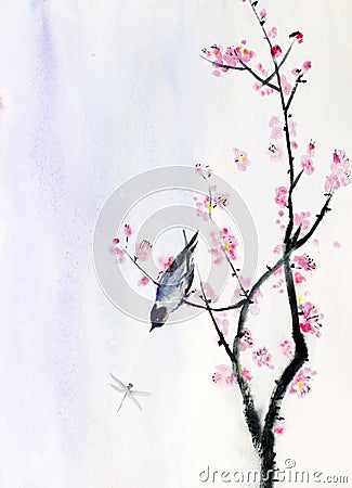 Bird on a branch of sakura Stock Photo