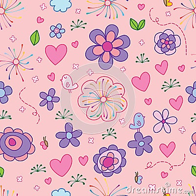 Bird butterfly flower line style seamless pattern Vector Illustration