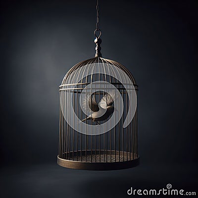 Bird cage empty, bird escape, freedom concept on dark background. ai generative Stock Photo