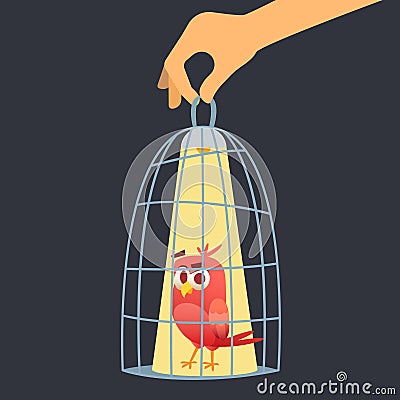 Bird in cage. freedom concept man holding closed cage with red bird. Vector illustration Vector Illustration