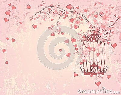 Bird cage among hearts, pink flowers and tree branches Vector Illustration