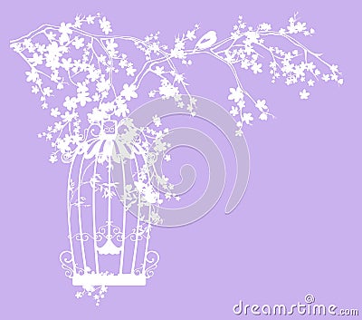 Bird cage and tree blossom vector silhouette Vector Illustration