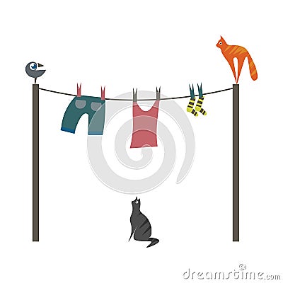 Bird, cats and laundry, vector or color illustration Vector Illustration