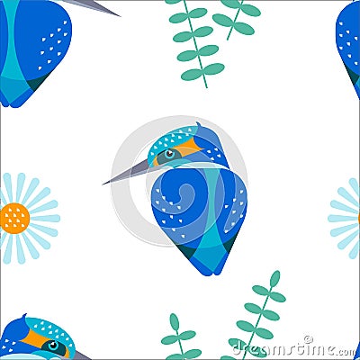 Bird and chamomile seamless pattern Vector Illustration