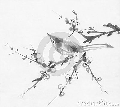 Bird on a cherry branch sumi-e ink painting Stock Photo