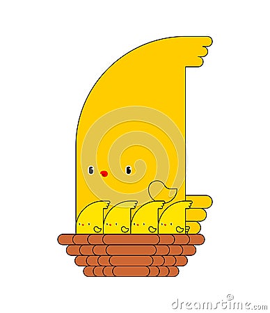 Bird and chicks in nest cartoon isolated. Birdie little. Vector illustration Vector Illustration