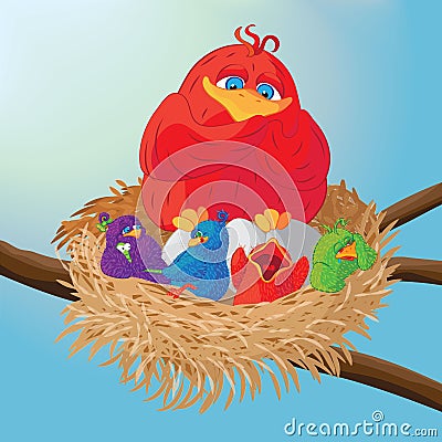 Bird with chicks in the nest. Vector illustration. Vector Illustration