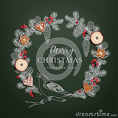 Bird on Christmas wreath made of hand drawn fir, spruce branches, pine cones, red berries, dried apple fruit and Vector Illustration