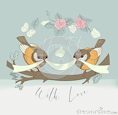 Bird Couple Cute Card with Vintage Flower. Beautiful Happy Birthday Greeting Circular Banner. Vector Party Invitation Vector Illustration