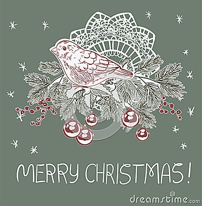 Bird decor ball tree christmas blue pink traditional vector card Stock Photo