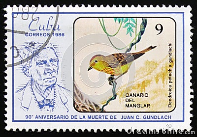 Bird Dendroica petechia guundlachi Canary of the mangrove, `The 90th Anniversary of the Death of Juan C. Gundlach`, circa 1986 Editorial Stock Photo