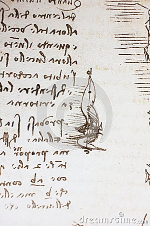 Bird, dove, mechanism of flight in the vintage book Manuscripts of Leonardo da Vinci, Codex on the Flight of Birds by T. Editorial Stock Photo