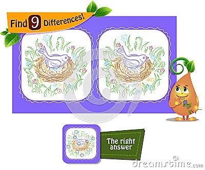 Bird on eggs game 9 differences Stock Photo