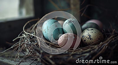 Bird eggs nestled in a natural twig nest Stock Photo