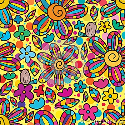 Bird enjoy flower swirl center colorful seamless pattern Vector Illustration