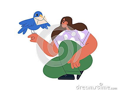 Bird with envelope delivers mail letter to woman. Receiving news, newsletter, message. Email, post service, notification Vector Illustration