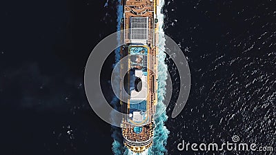 Bird eye top view of large cruiser ship in deep blue water in a sunny day, luxury concept. Stock. Aerial view of luxury Stock Photo