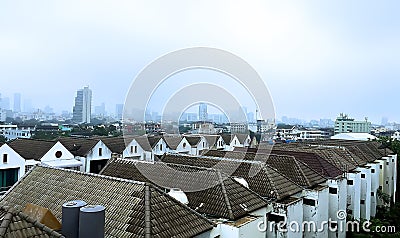 Bird eye view of Buildings in Bangkok, Thailand with the smoke dust PM 2.5 Stock Photo