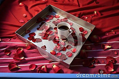 a bird-eye view of a coffee cup on a tray, with scattered rose petals around on a red bedspread Stock Photo