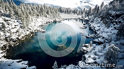 Bird eye view of fjord, lake and snow mountains, In Scandinavia Winter Season, Landscape Generative AI Stock Photo