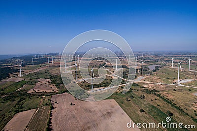 Bird Eye View Picture Wind turbine in a field. Stock Photo