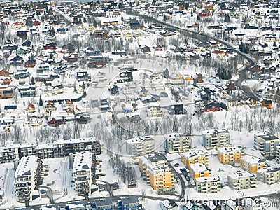 Bird eyes view of white snow covered colorful building in the city of winter Editorial Stock Photo