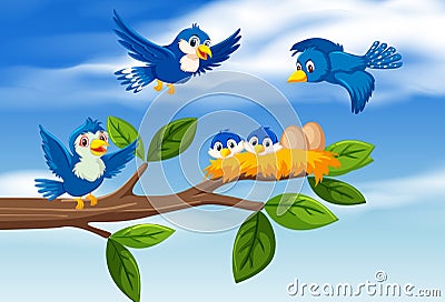 Bird family at tree branch Vector Illustration