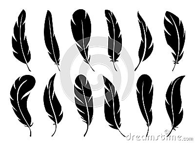 Bird feather icons. Quill pen plume silhouettes Vector Illustration