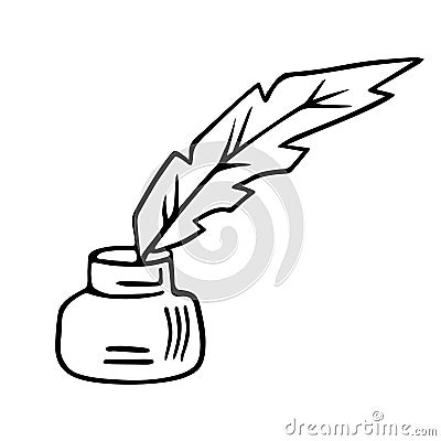 Bird feather quill and inkwell, writing ink pen, hand drawn outline, doodle sketch. Freehand, minimalism style, line art. Isolated Vector Illustration