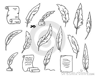 Bird feather quills and scroll parchment paper sheets set, writing ink pens and curved papyrus letter documents collection, hand Vector Illustration