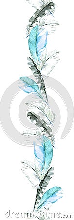 Bird feathers. Repeat border frame. Watercolor stripe Stock Photo