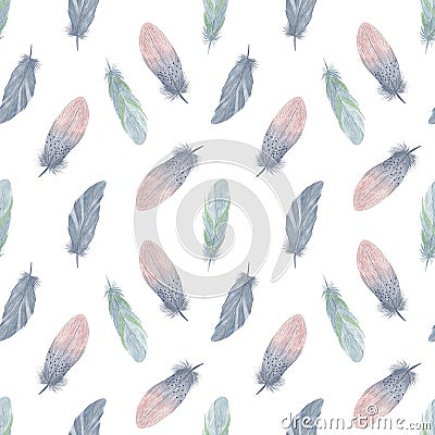 Bird feathers seamless pattern boho style watercolor illustration colorful fancy decorative wings for creative rustic design, Cartoon Illustration