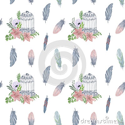 Bird feathers, vintage cage seamless pattern boho style watercolor illustration colorful fancy decorative wings for creative Cartoon Illustration