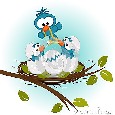 Bird feeding babies in nest Cartoon Illustration