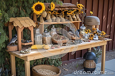 bird feeding station with variety of feeders and treats, including sunflower seeds, nuts, and berries Stock Photo