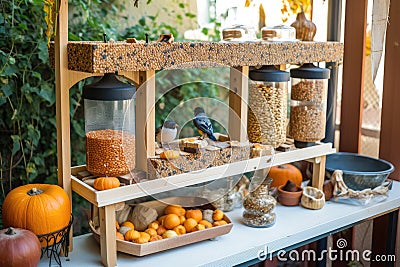 bird feeding station with variety of feeders and treats, including sunflower seeds, nuts, and berries Stock Photo