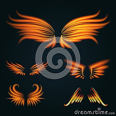 Bird fire wings vector fantasy feather burning fly mystic glow fiery burn hot art wings illustration on black. Vector Illustration