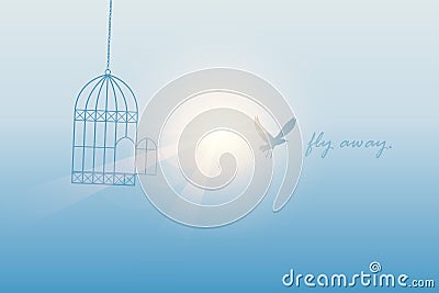 Bird flies out of the cage into the sunny sky Vector Illustration