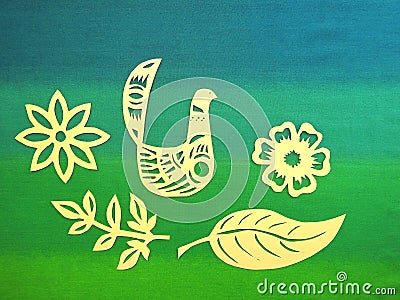 Bird, Flowers and leaves cut from paper Stock Photo