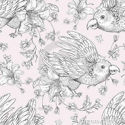 Bird with flowers monochrome vintage seamless pattern. Natural floral texture Stock Photo
