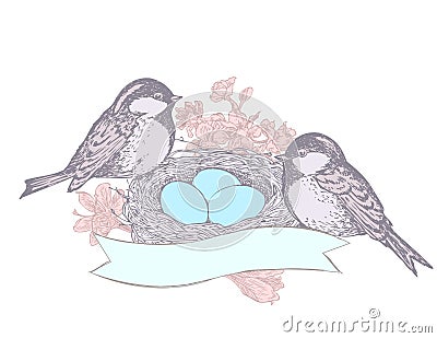 Bird, flowers, nest, eggs and banner Vector Illustration