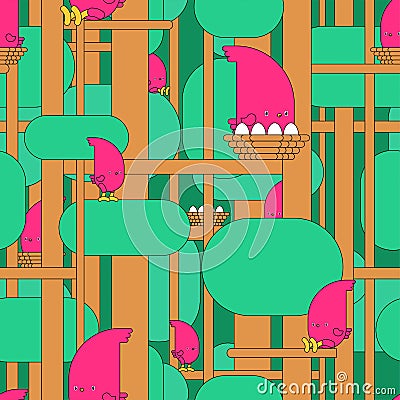 Bird in Forest pattern cartoon. Birdie on tree background. Baby cloth texture. vector ornament Vector Illustration